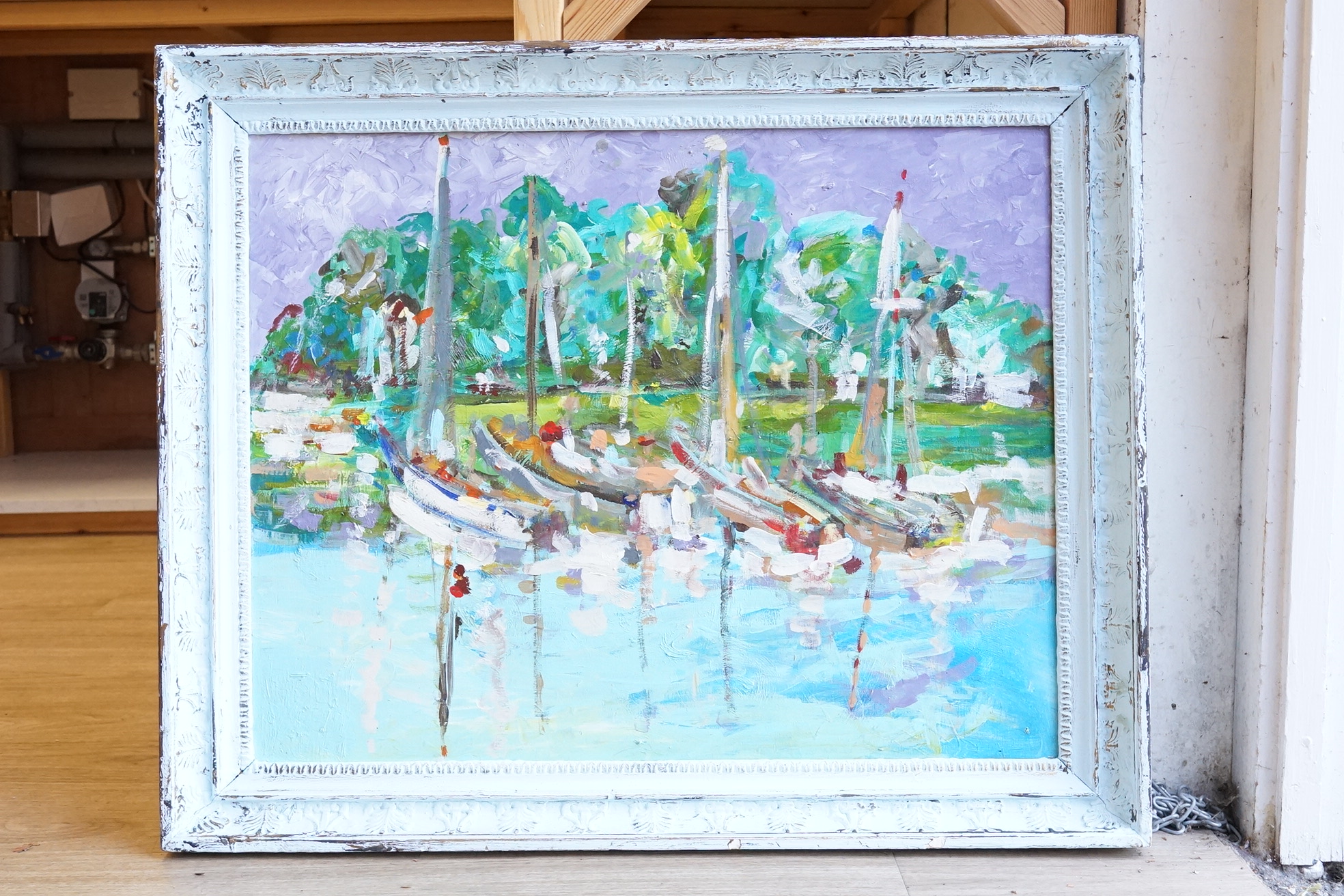 Impressionist style, ‘Boats, Lymington, New Forest’, oil on board, 54 x 68cm